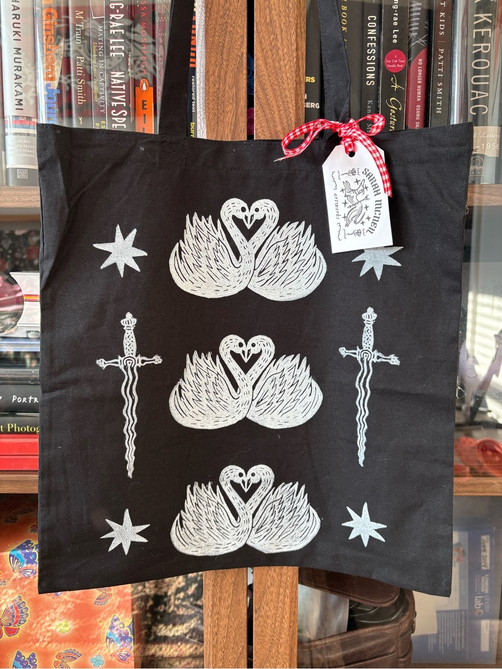 Black Tote Bag with White Swan & Dagger Print
